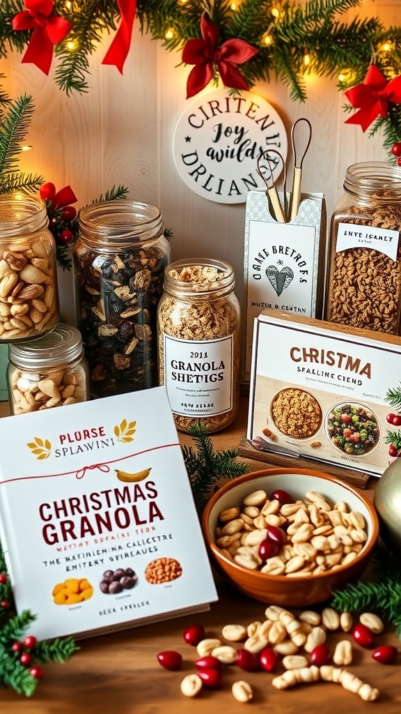 Granola Girl Christmas Wishlist Ideas A festive Christmas wishlist for granola lovers with jars of nuts, dried fruits, and a cookbook.
